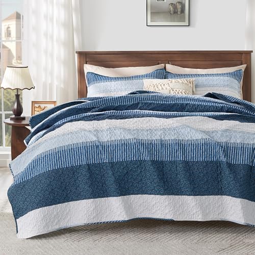 Andency Navy Blue Quilt Twin, 2 Pieces Patchwork Striped Bedspread Set
