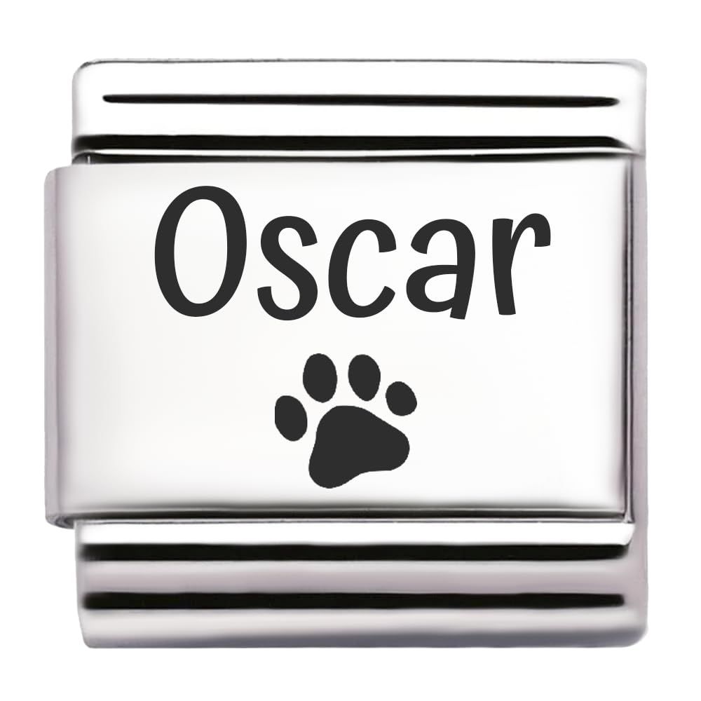 Pet Paw Name Personalised Custom Engraved Italian Charm Fits All 9mm Bracelet Links. Dog or Cat (Oscar)