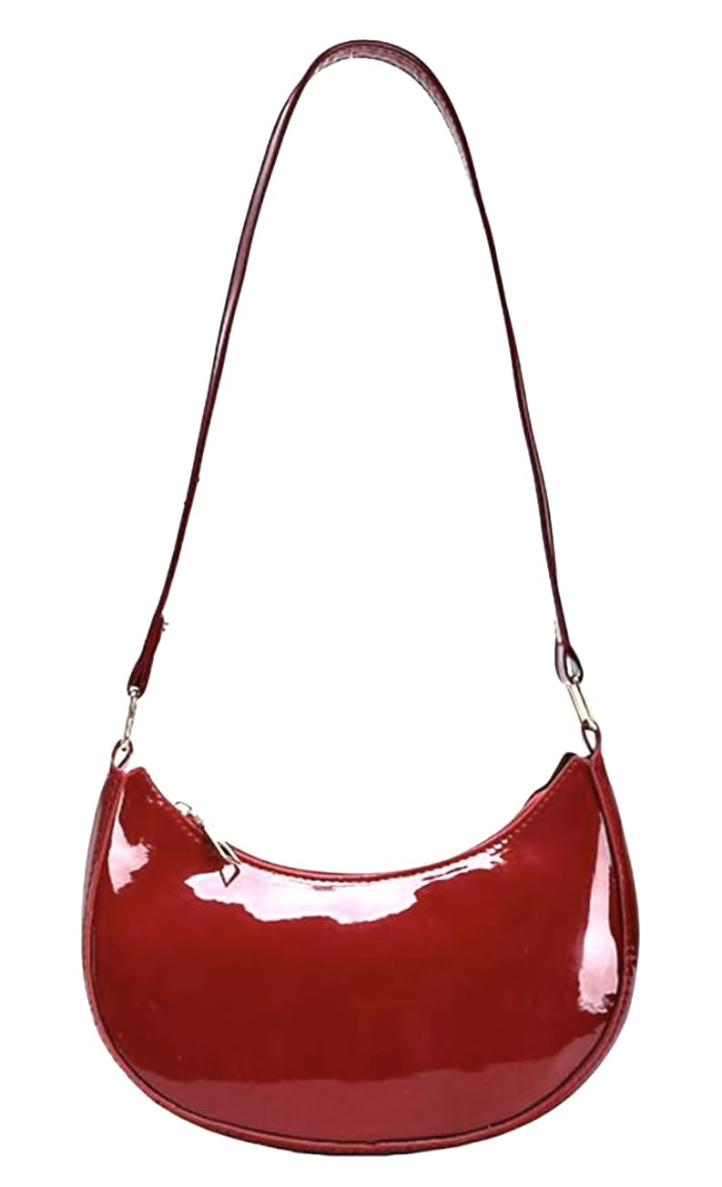 Patent Leather Evening Purse Shiny Clutch MINI Hobos Armpit Shoulder Bag (Wine Red)