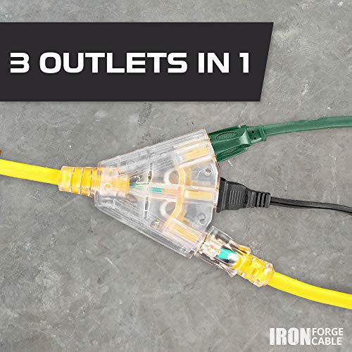 Lighted Outdoor Extension Cord With 3 Electrical Power Outlets - 10/3 Sjtw Heavy Duty Yellow Cable With 3 Prong Grounded Plug For Safety, 15 Amp #TOP6