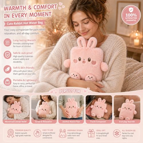 Image of Rabbit Hot Water Bottle with Soft Plush Cover 1 Litre Classic Silicone Bag for Pain Relief, Period Cramps, Hand & Feet Warmer, Leak-Proof Hot & Cold Therapy with Cute Removable Bunny Sleeve