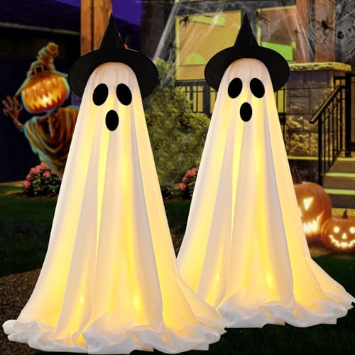 2Packs Halloween Decorations Outdoor, Cute Halloween Decorations Indoor, Spooky Ghost Halloween Decor with Witch Hat, Scary Ghosts Decor with LED Lights