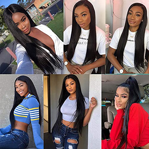 Image of #1B Black Bundles Human Hair Straight Bundles 12 14 16 Inch Natural Black Straight Bundle Human Hair Extensions Unprocessed Virgin Remy Hair 3 Bundle 50 Gram Per Bundle For Women