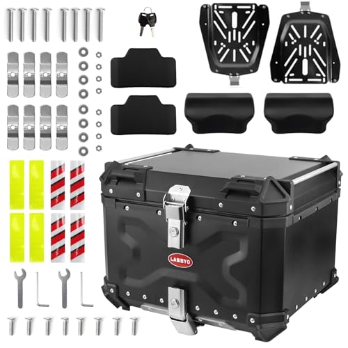 LASIEYO Motorcycle Top Case, 55L Aluminum Motorcycle Trunk with Anti-Theft Security Lock, 2pcs Baseplates and Backrests, Waterproof and Dustproof Universal Motorbike Top Case for Storage Helmet, Black