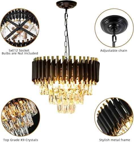 Image of Luxurious 400mm Black Gold Modern Chandelier with K9 Crystals | Warm White, Moonlight & Golden Light | Ceiling Hanging Light for Living Room, Dining Room, Bedroom, Hallway