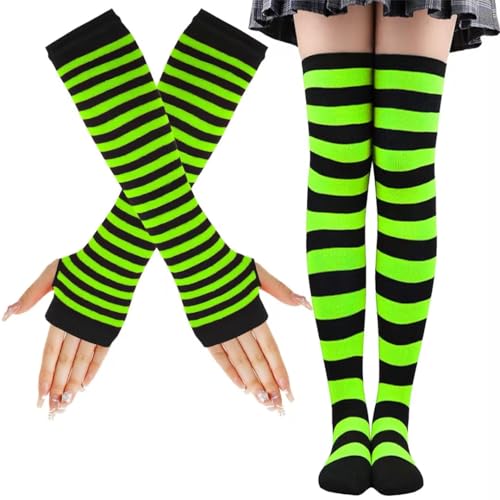 LUKIUP Rayas Calcetines Hasta la Rodilla, Juego de Calcetines Altos Hasta el Muslo, Guantes sin Dedos, Para damas, Halloween, fiestas de Navidad, cosplay de carnaval y fiestas de disfraces