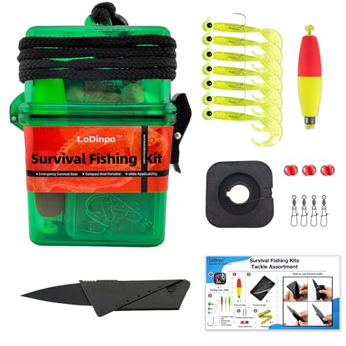 LoDinpo Mini Survival Fishing Kit, Compact Emergency Fishing Gear Box, Pocket Fishing Tackle Set for Travel & Outdoor Use Green