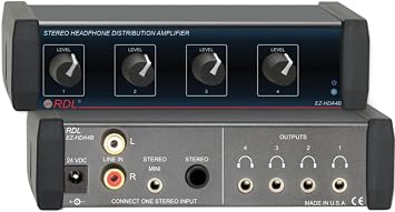 EZ-HDA4BX Stereo Headphone Distribution Amp - 1X4 Rear-Panel Outputs with Worldwide Power Supply, One Stereo Input to Four Stereo Outputs, Unbalanced Inputs on Rear Panel