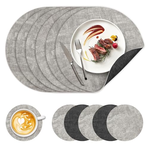 Image of 13 inch Round Placemats Set of 6, NCUE Dual-Sided Faux Leather Heat Resistant Table Mats, Waterproof Oilproof Washable Protective Table Placemats with Coaster, Wipeable Vinyl for Indoor & Outdoor Use