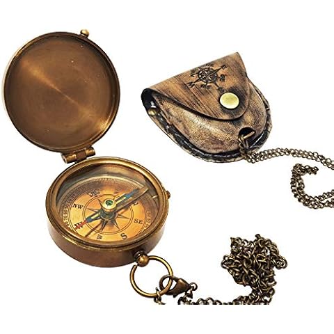 Antique Brass Compass with Leather Case Cover