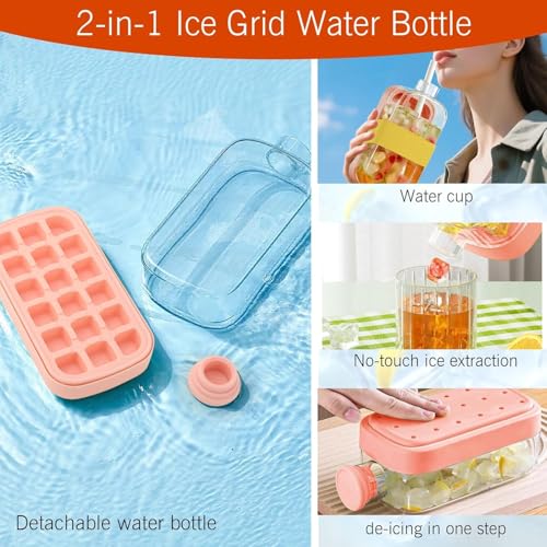 Image of 2 in 1 Zero Touch Press Ice Cube Mold Water Bottle with Lid and Bin,Easy Press to Release Vertical Ice Cube Tray with Lid for Freezer (800 ML)