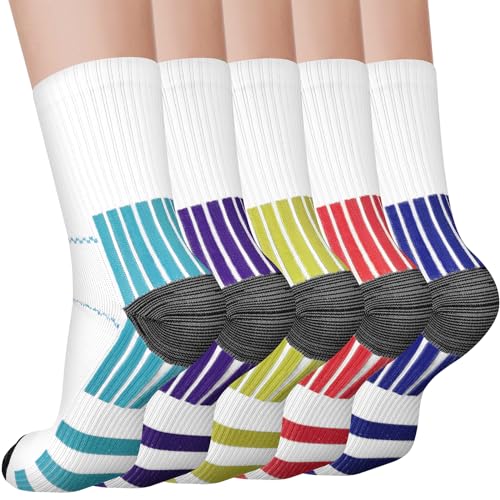 WoKuAng Calcetines de compresión para las mujeres y los hombres 5 pares de circulación 15-20 mmHg es mejor para todo el día use enfermera corriendo (FR/ES, Letras, XXL, Regular, Regular, Multicolor)