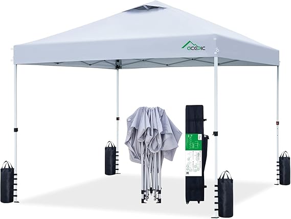 Acepic 10x10 Pop Up Canopy Tent,300D Silver-Coating Top,Easy Setup Pop Up Canopy Tent Instant Portable Shelter with 1-Button Push and Wheel Carry Bag, Bonus 8 Stakes and 4 Canopy Weights (White)