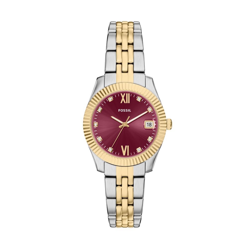 Fossil Scarlette Watch for Women, 32mm Quartz Three Hand Date Movement with Stainless Steel Strap,Gold Tone and red