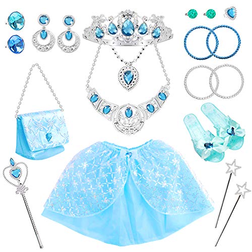21 Pack Princess Pretend Jewelry Toy,Girl Dress Up toys Girlâ€™s Jewelry Dress Up Play Set Included Crowns,Necklaces,Wands,Rings,Earrings,Skirt