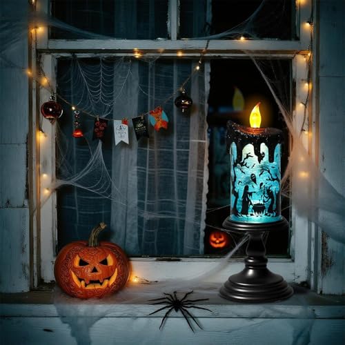 Image of Halloween Flameless Candle Battery Operated with 6 Hour Timer, Blue Lights Witch Decals Tornado Lamp LED Candle Halloween Indoor Decor 4 x 10 Inches