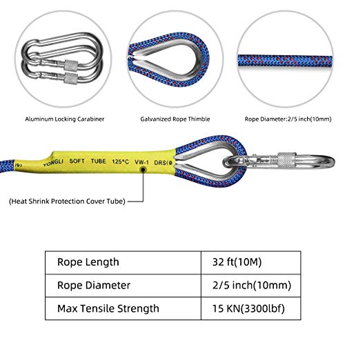 VOXLOVA Rock Climbing Rope, Outdoor Static Climbing Rope, 10mm High Strength Safety Rope, Hiking Tree Climbing Fire Escape Rappelling Rope, Fire Rescue Rope 20M(65ft)