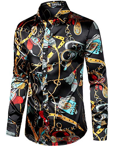 Image of ZEROYAA Men's Luxury Printed Silk Like Satin Button Down Dress Shirt for Party Prom