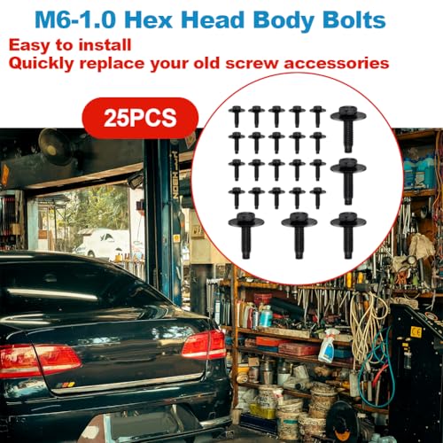 Image of 25pcs M6-1.0 Hex Head Body Bolts Bumper Fender Splash Shield Under Cover Hood,m6 Bolt,hex Bolts,10mm Bolt,20mm Washer
