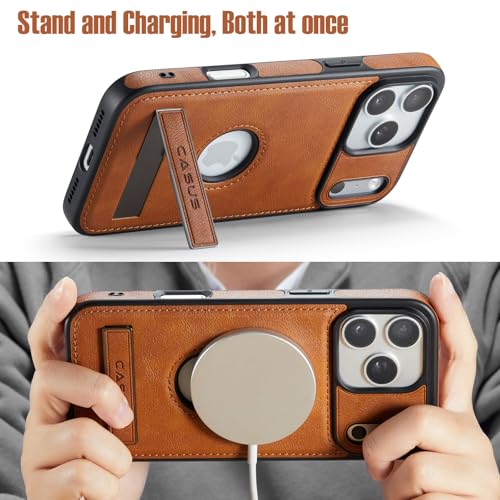 Image of Casus Designed for iPhone 17 Pro Case Compatible with MagSafe Kickstand Vegan Leather Slim Classic Luxury Elegant Protective Cover with Tempered Glass Screen (2025) 6.3 inch - Brown
