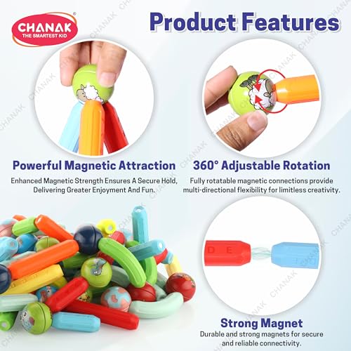 Image of Chanak 76 PCS Magnetic Sticks Building Blocks for Kids & Toddlers - Magnet Stick with Balls, Educational STEM Learning Safe Magnet Stick Construction - Montessori Magnetic Toy for Boys & Girls Age 3+