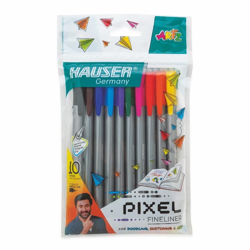 Image of Hauser Germany Pixel Fineliner | Triangular Body For Better Grip | Hi-Quality Metal Tip | Available in 10 Vivid Ink Colours | Pack of 10