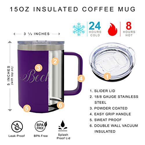 Custom Personalized And Engraved 15 Oz Insulated Travel Tumbler Coffee Mug With Handle And Lid - Customized To Go Cup (Matte Purple) #TOP1