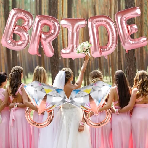 Image of Large Bride Balloons Rose Gold with 2 PCS Ring Balloons for Bridal Shower Bachelorette Engagement Party Decorations