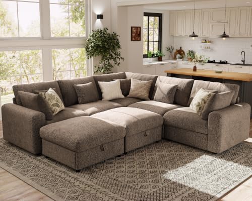 Image of Ihanherry Oversized Cloud Sectional Couches for Living Room, Modular Sectional Sofa with Wide Deep Seat, Coner Couch with Throw Pillow and Storage Ottoman, Brown