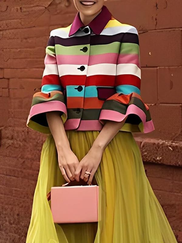 oshoplive Women's MultiColored Striped Cropped Jackets Flared Sleeve Botton Jacket Vintage Elegant Lapel Short Coats