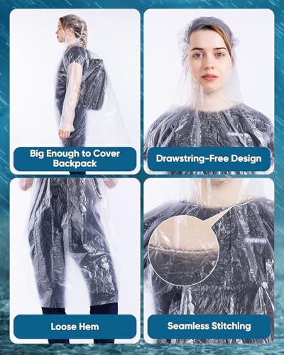 50/100 Pack Disposable Rain Ponchos with Hood for Adults, Family Pack Raincoats Bulk for Women and Men4