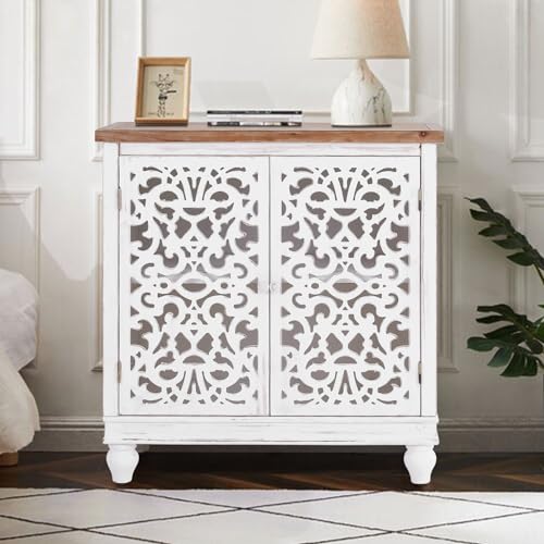 PHI VILLA White Accent Cabinet with Doors, Farmhouse Buffet Sideboard