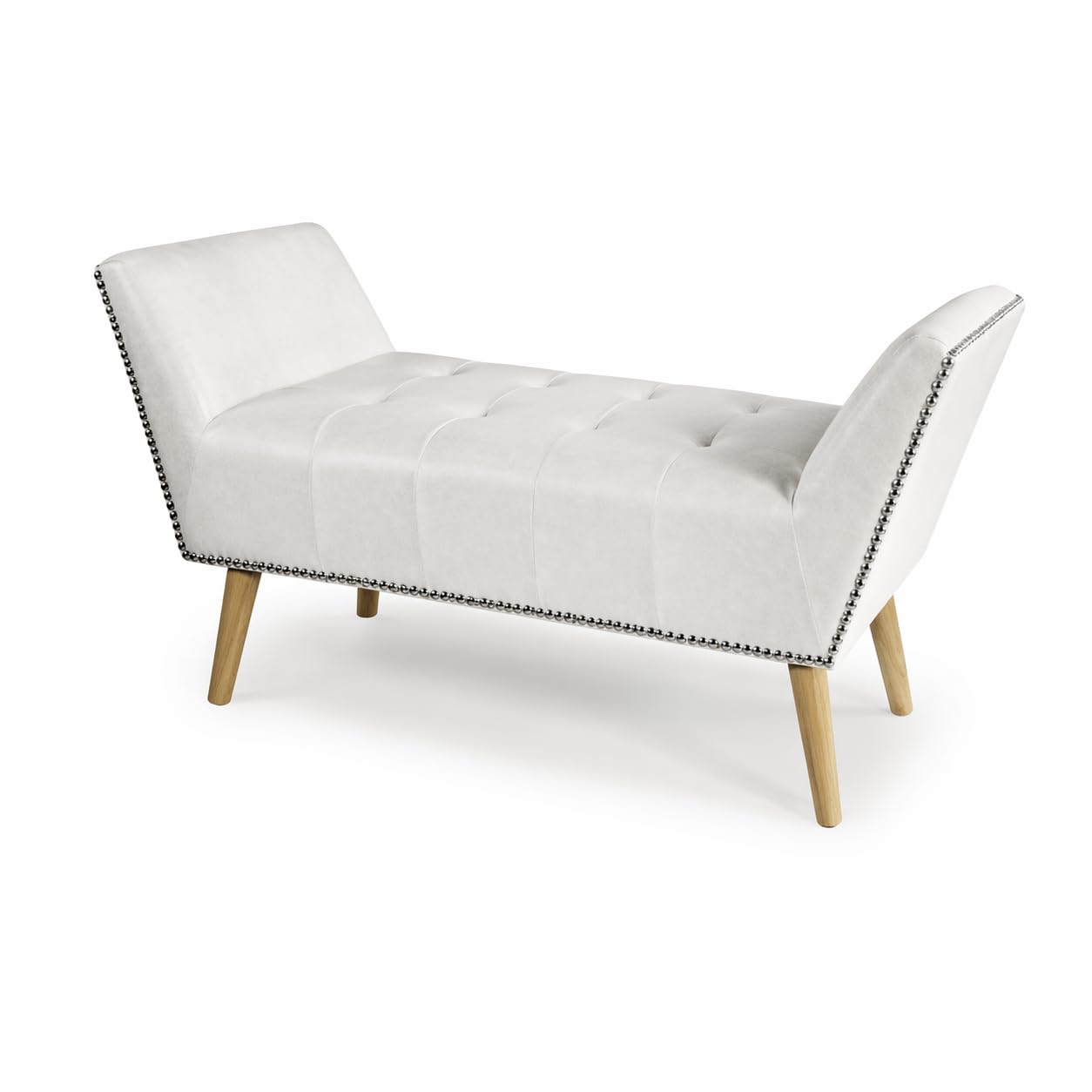 Panca da Arredo in Semilpelle 117X40X60H CM - Gambe in Legno, Versatile, per Soggiorno, Camera da Letto, da Ingresso, Imbottita, con Borchie, Trapuntata - Colore (Bianco)