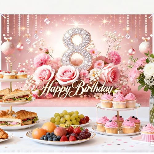 Image of Nuxovilar 8th Birthday Banner - Elegant Pink & Gold Floral Backdrop