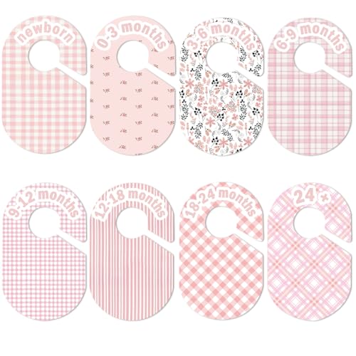 Image of eoscasely Baby Closet Divider, Baby Wardrobe Organizer, Double-Sided Design, Nursery Decor Clothes Hanger Dividers for Sorting 8 Sizes from Newborn to 12+ Months (Pink)