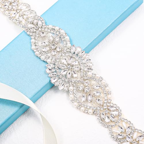Handmade Bridal Belt Rhinestone Pearls Wedding Belt,Rhinestone Belt Crystal Sash Belt for Bride Flower Grils Wedding Dress4