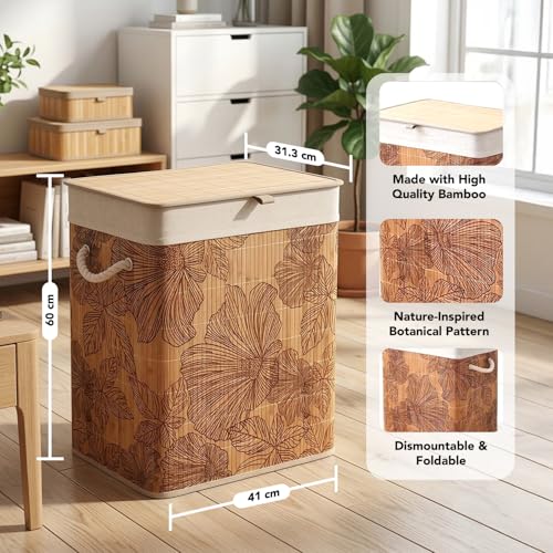 Image of Kura by Ekhasa Floral Laundry Basket with Lid 60L, Bamboo Laundry Basket for Clothes, Foldable Laundry Hamper Basket with Removable Laundry Bag for Bedroom Bathroom Clothes Storage