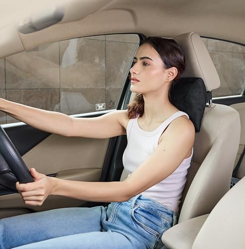 Image of amazon basics Car Seat, Office Chair Orthopedic Headrest Pillow, 100% Memory Foam - Neck, Cervical Pain Relief, Best for Long & Short Travel | Washable Cover, 1 Year Warranty | Black, 21.5 x 26.5 x 13 Cm