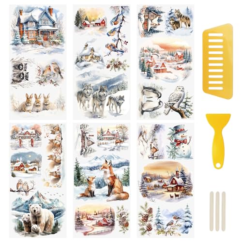 WANDIC 6PCS Winter Snow Scenery Rub On Transfer Stickers for DIY Scrapbooking Photo Furniture Windows, 15*30cm