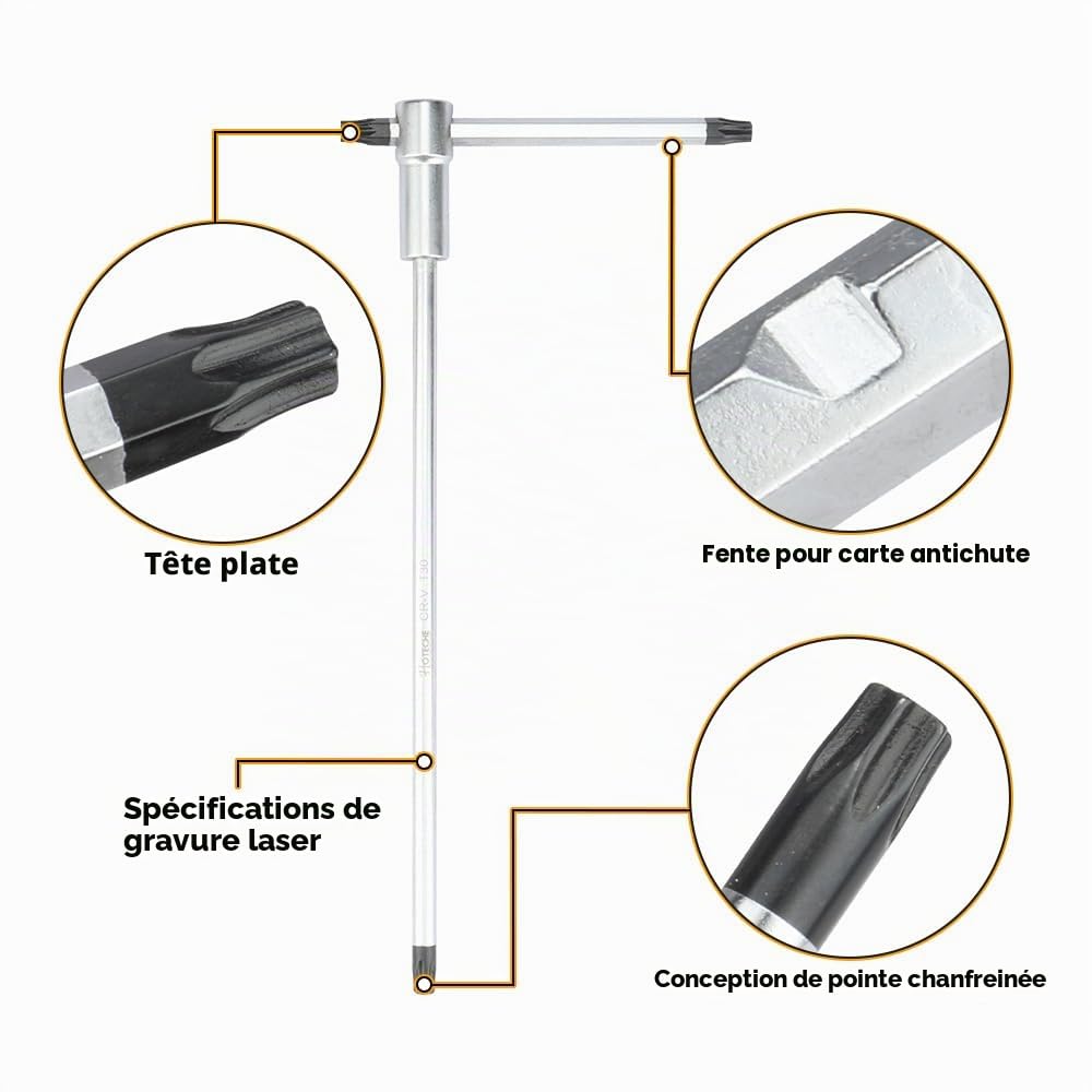 Hoteche Jeu de 9 clés Torx T8-T40 | CRV chrome vanadium | Chromé mat avec poignée en T