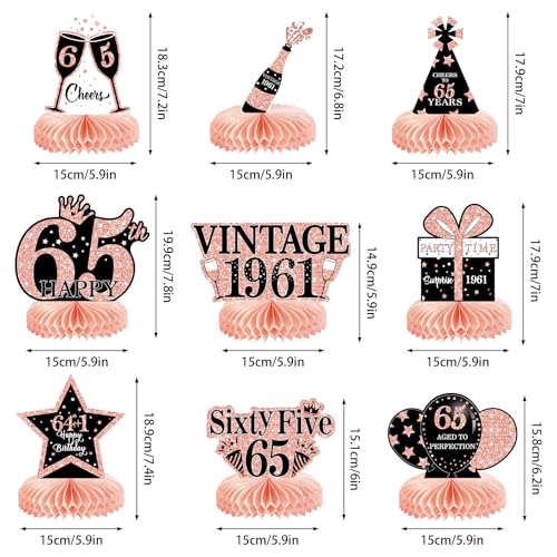 Image of 9Pcs 65th Birthday Decorations Honeycomb Centerpieces for Women, Rose Gold Pink Happy 65th Birthday Centerpieces Tables Toppers Party Decorations Supplies, Vintage 1961 Aged Table Sign Decor
