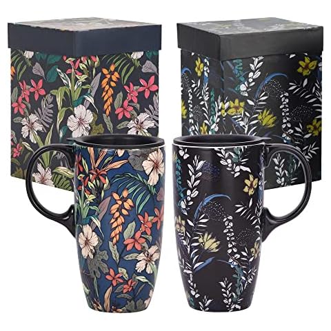 TZSSP Coffee Ceramic Mug Porcelain Latte Tea Cup With Lid 17oz. 2pack Blue and Black Cover