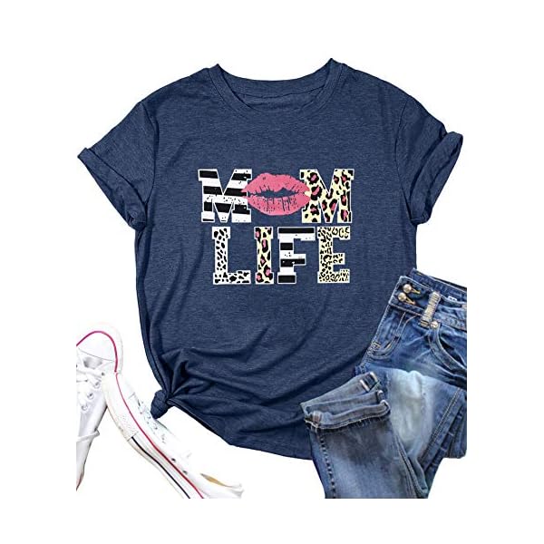 Women Mom Life T-Shirts Leopard Lips Stripe Graphic Shirts Funny Letter Printed Tee Mother's Day Casual Blouse