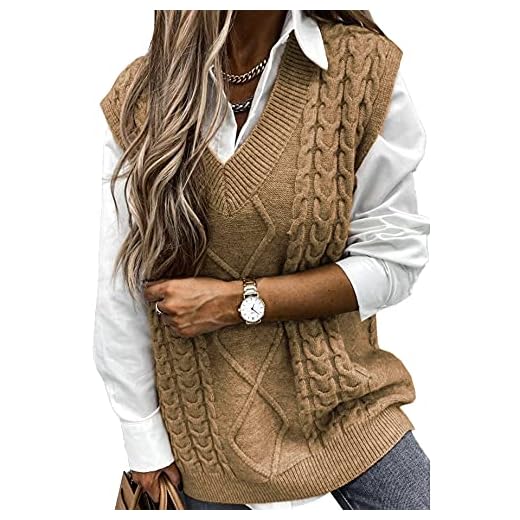 Vancavoo Chaleco sin Mangas Mujer Jersey Suéter sin Mangas Punto Corto Jerséis Fino Cuello V Tops Primavera Camisetas sin Mangas Casual Pull-Over Otoño Invierno(Caqui-1,L)