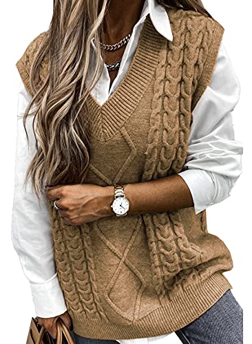 Vancavoo Chaleco sin Mangas Mujer Jersey Suéter sin Mangas Punto Corto Jerséis Fino Cuello V Tops Primavera Camisetas sin Mangas Casual Pull-Over Otoño Invierno(Caqui-1,L)