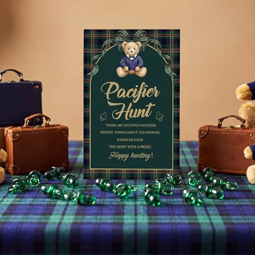 Image of Thyle 51 Pcs Blue Green Tartan Plaid Baby Shower Games We Can Bearly Wait Pacifier Hunt Include Hunt Sign and 50 Acrylic Pacifiers for Baby Shower Game Decoration Gift Sets Gender Reveal Party Decor