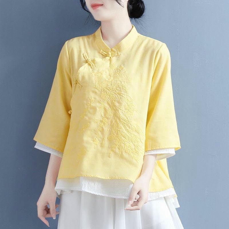 Women's Spring Summer Embroidered Literary Retro Frog Button Asymmetrical 3/4 Sleeve Tea Outfit Top