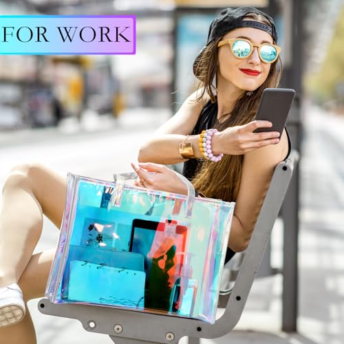 "Iridescent Clear Tote Bag with Leather Handle - Stylish & Practical Beach Bag" - Image 7