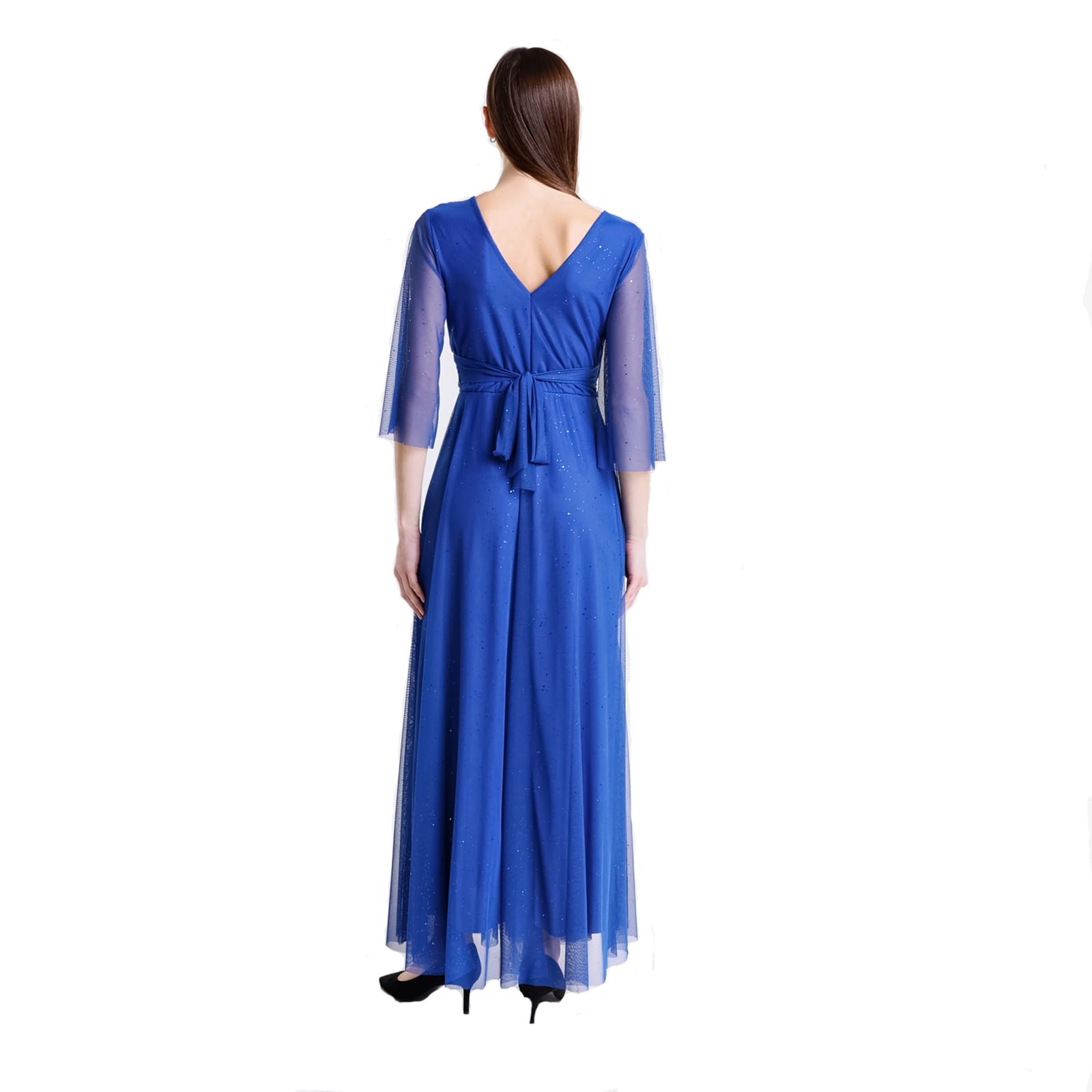 Abito Lungo Elegante Donna da Cerimonia Maniche a 3/4 e Scollo a V.Ideale per Matrimoni, Eventi e Feste. – Made in Italy