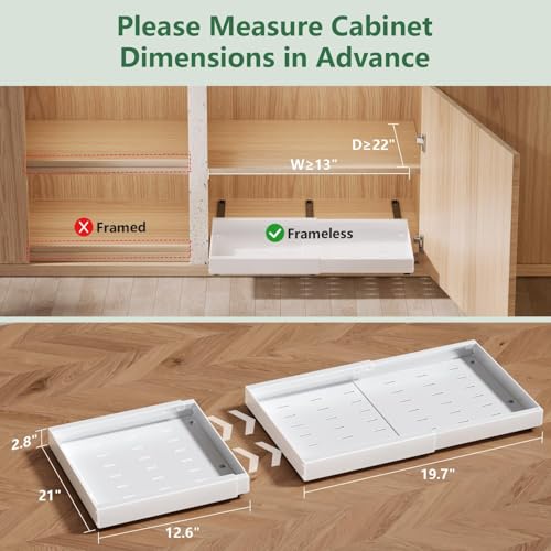 Pull Out Cabinet Organizer, 21" Deep, Expandable(12.6"-21.3"), Slide Out Drawers for Cabinets with Adhesive, Adjustable Roll Out Shelves for Kitchen Pantry (White-2 Pack, 21"D x 12.6"W x 2.76"H)